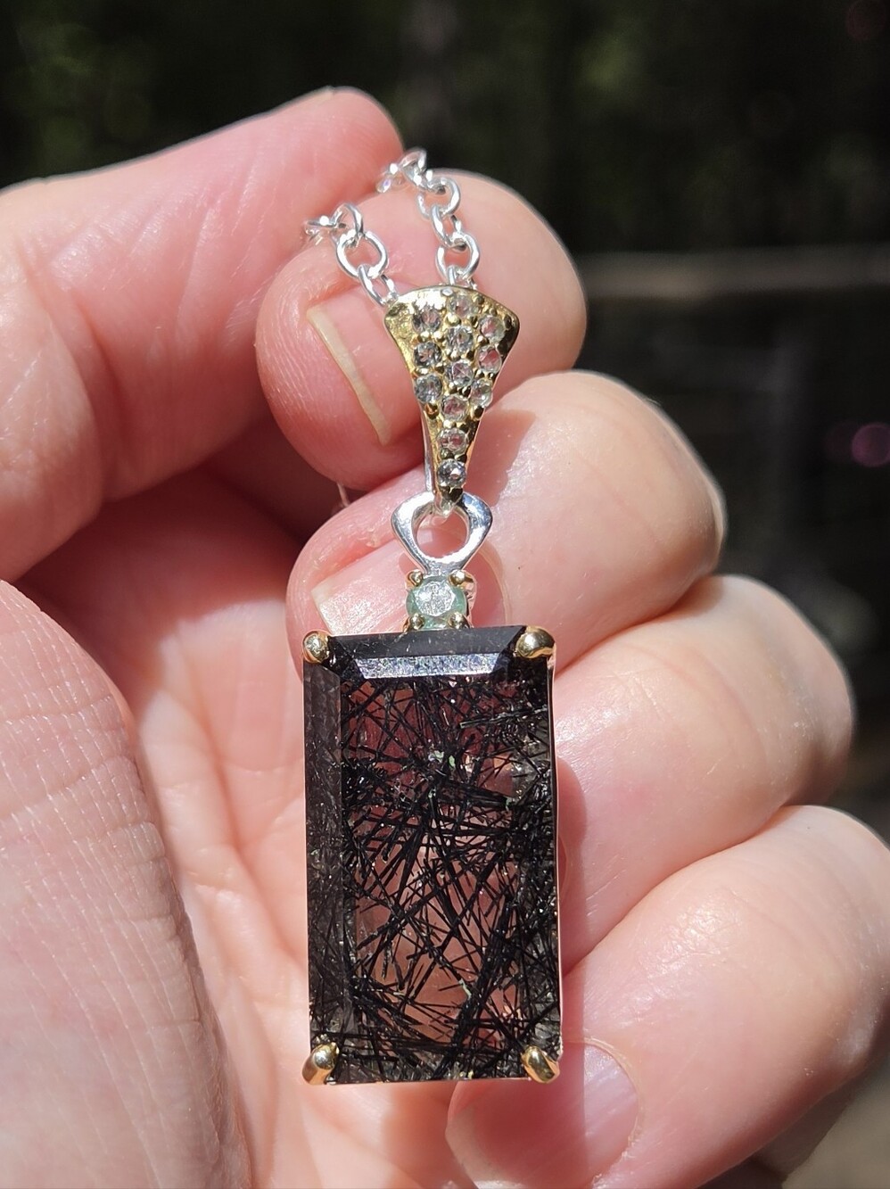 Rutilated Quartz Emerald Cut Natural 28k Topaz&tourmaline Pendant Necklace 18" - Picture 11 of 13